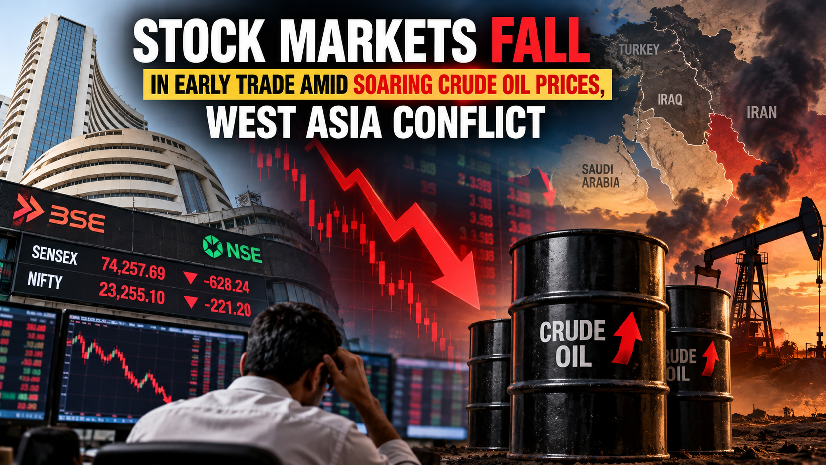 Indian stock markets fall as crude oil prices surge amid West Asia conflict  Reading time